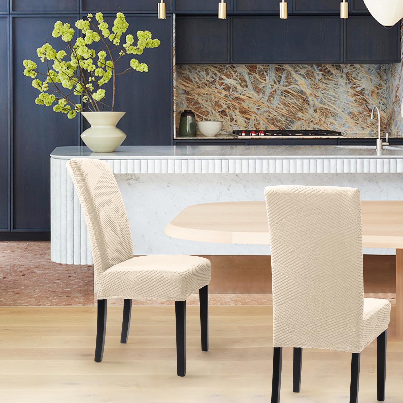 Stuhlhussen 4er Set Stretch Stuhlhussen Moderne Twill Jacquard Stuhlbezug Esszimmerstühle Stuhlbezug Abnehmbar Waschbar Chair Covers für Esszimmer Küche Hotel (Cremeweiß, 4er Set)-XW