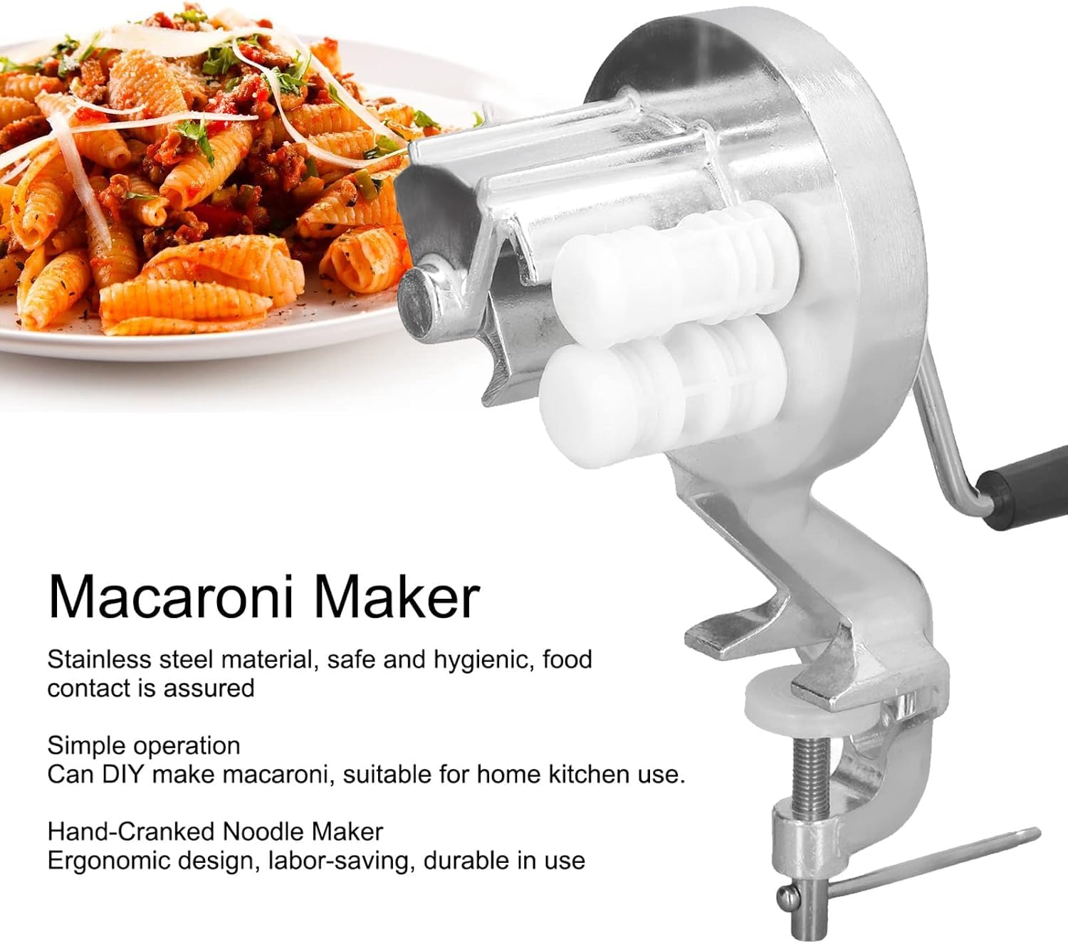 Prensa manual para pasta, extrusora de fideos manual de acero inoxidable plateado con manivela para uso en cocinas y restaurantes.