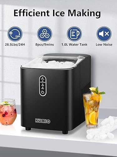 Miniatura 2 de KUMIO Máquina de hielo portátil con autolimpieza, 8 cubos9 minutos, 26.5 libras24 horas, máquina de hielo con cuchara y cesta, 2 tamaños de hielo