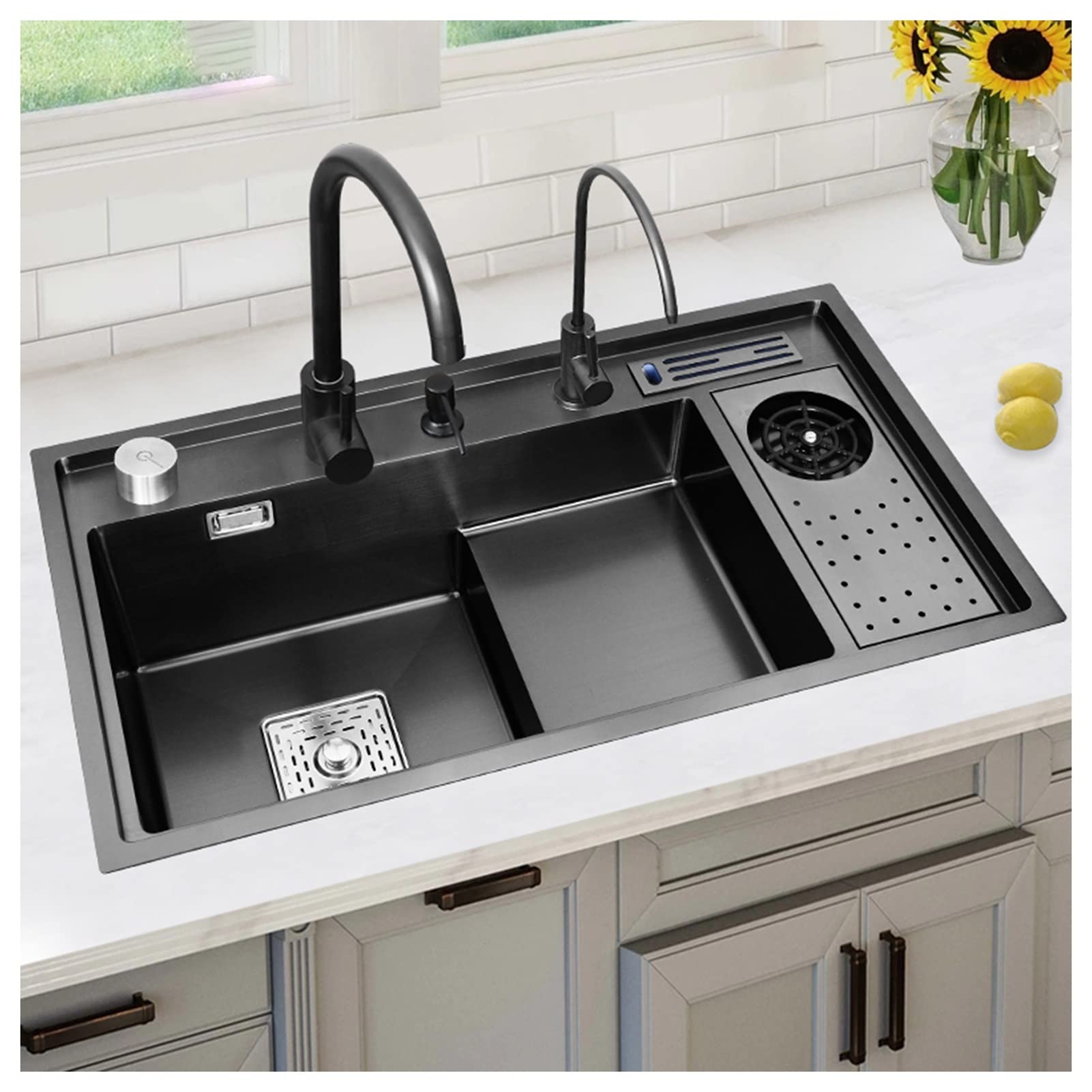 Évier de Cuisine en Acier inoxydable 304, Design superposé, bac à Lave-vaisselle, bac à légumes, Noir, 82 x 46 x 23 cm. Durable et élégant.