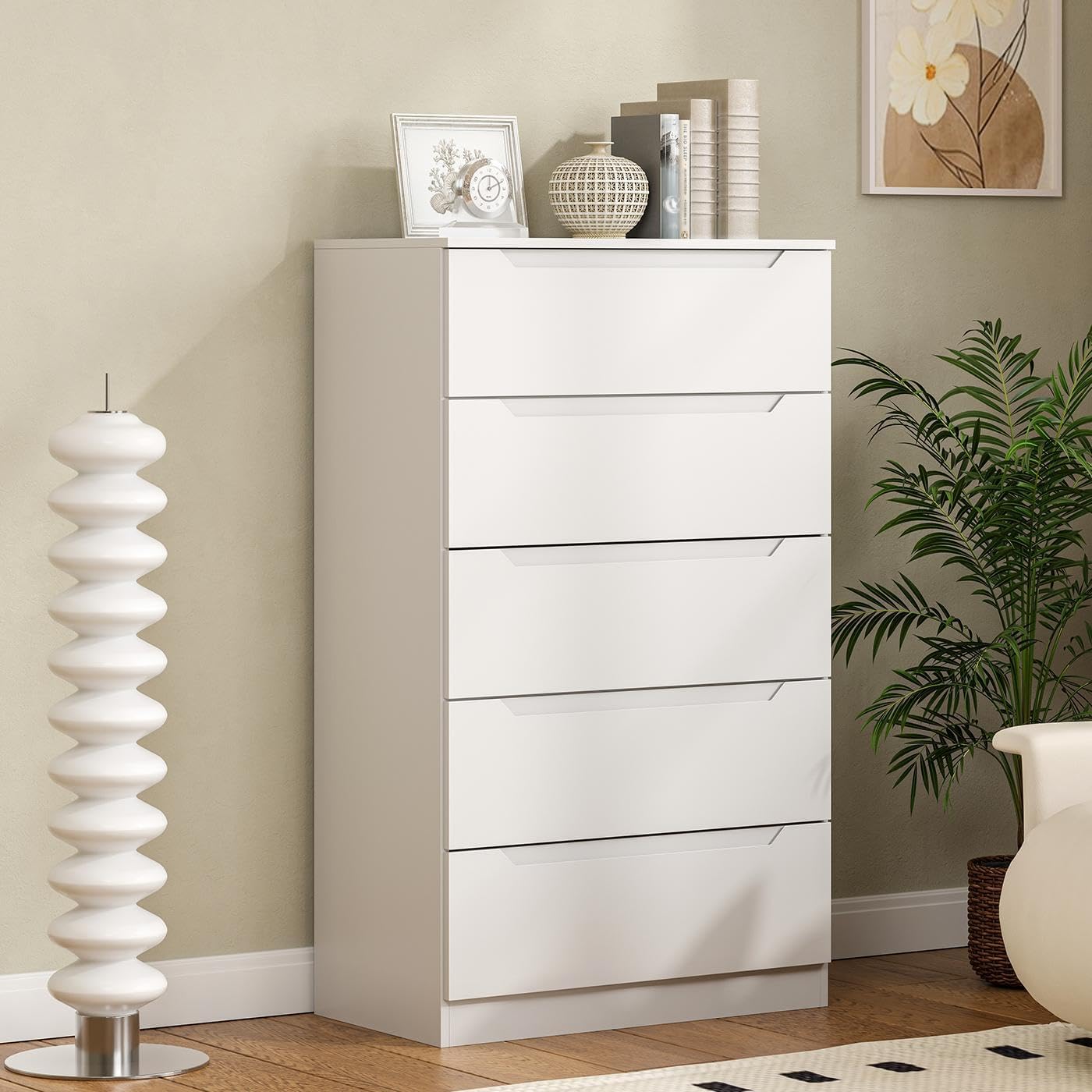 Winkalon White 5 Drawer Dresser for Bedroom, 48" H Tall Modern Chest of Drawers, Wood Storage Dresser with Deep Drawers for Living Room Hallway Entryway, White
