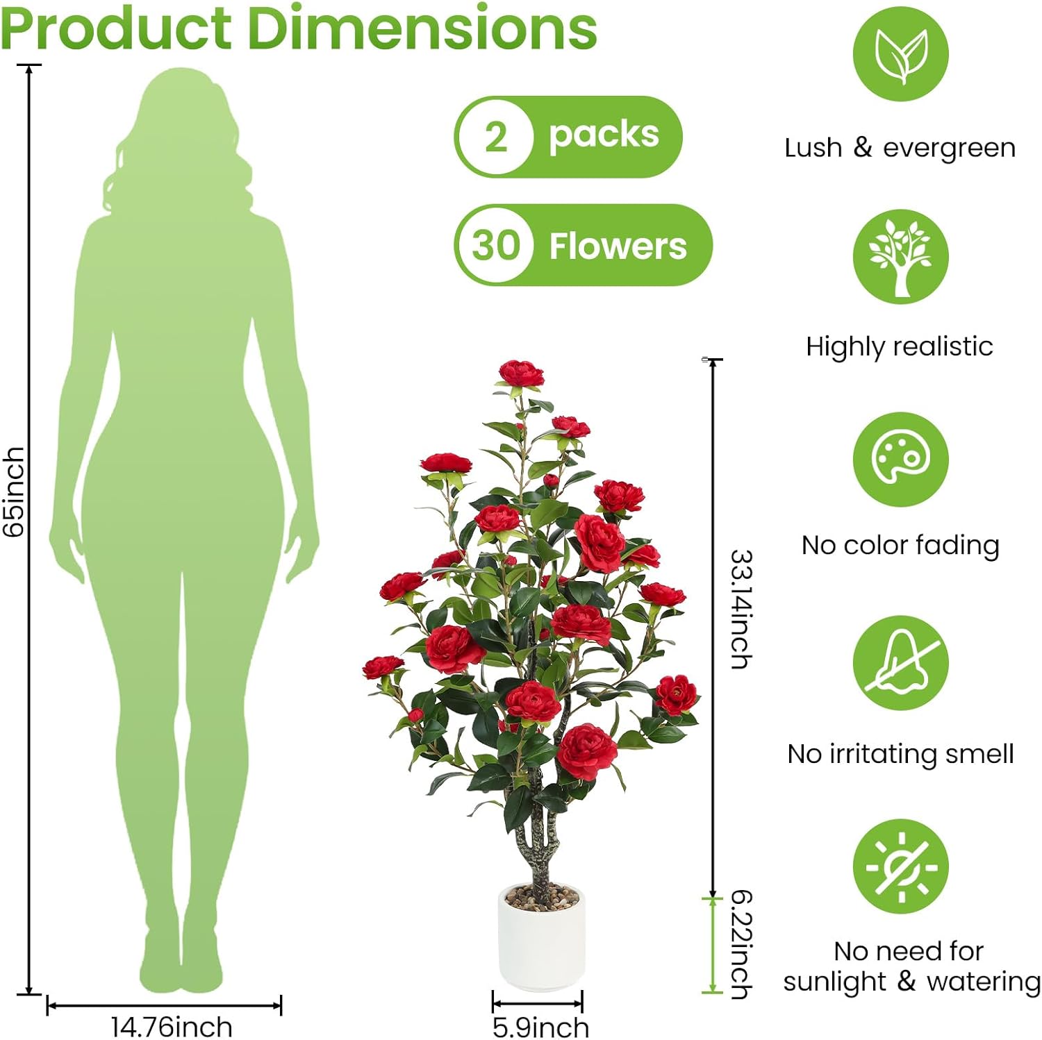 Artificial Camellia Tree 2 Pack – 40'' Realistic Fake Potted Plant with 30 Red Flowers, Lifelike Faux Camellia Trees for Home, Living Room, Patio, Wedding, Event Decoration - Image 3