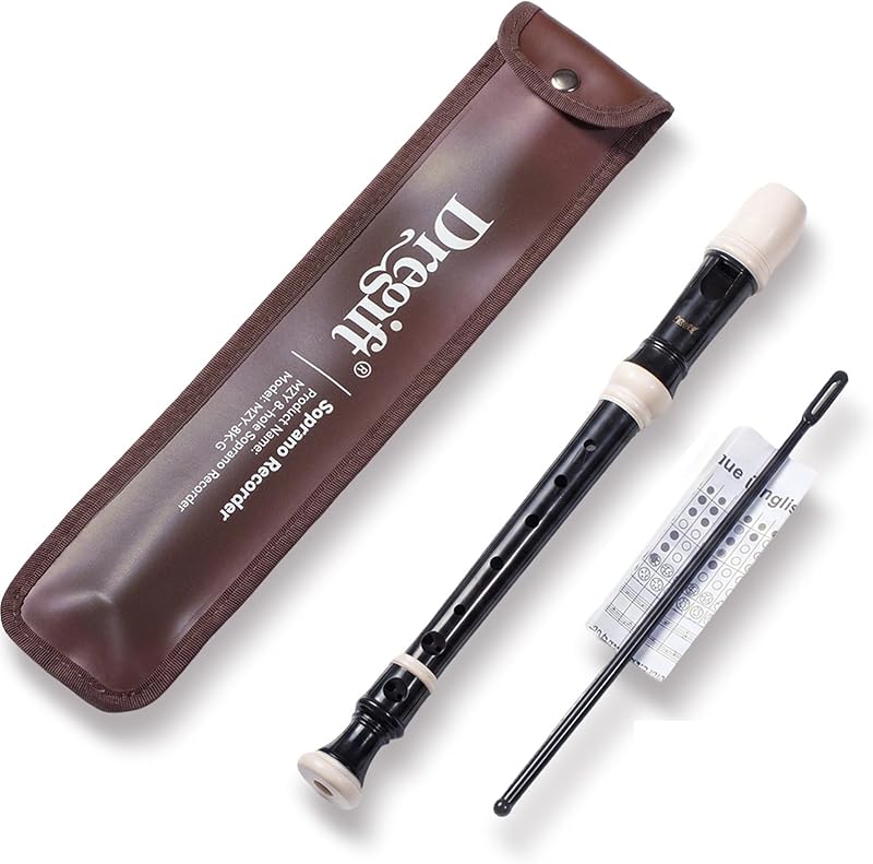 Soprano Recorder Instrument for Beginner - German Fingering 8 Hole Flute Recorder with Cleaning Rod,Leather Case,Fingering Chart for School Student Home Entertainment (Black White)
