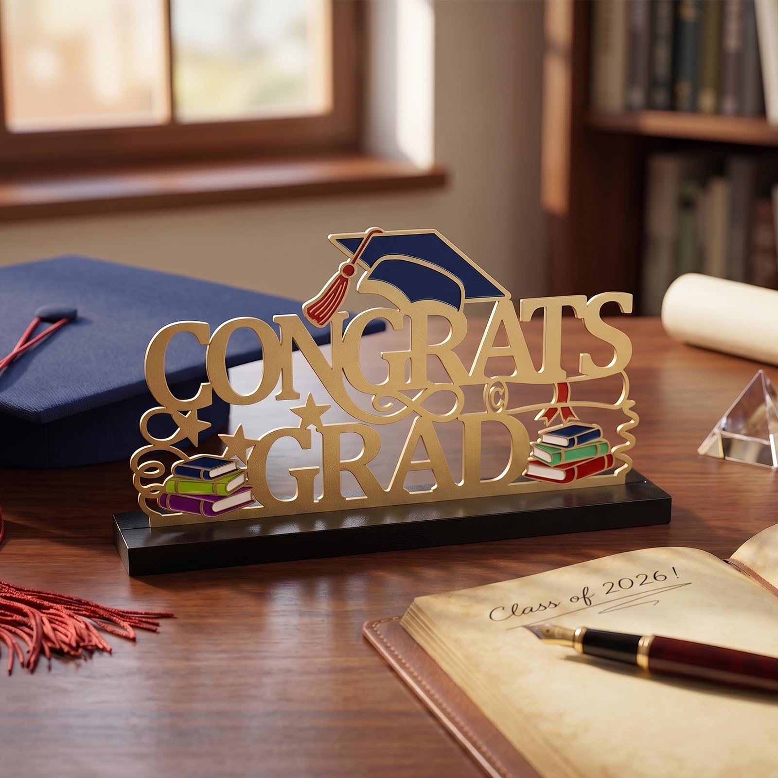 Metal Congrats Grad Sign Base in legno, 30 x 16,5 cm oro 2026 decorazioni per tavolo di laurea, centrotavola per feste al chiuso, mensola per laurea, foto, scrivania, scuola, università