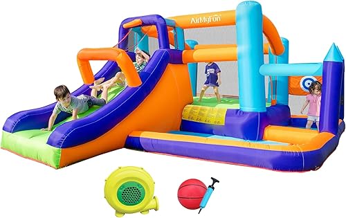 AirMyFun Casa de Rebote Inflable con Tobogán Curvo Largo para Niños con Soplador, Castillo Hinchable Familiar para Patio Trasero con Divertido Túnel