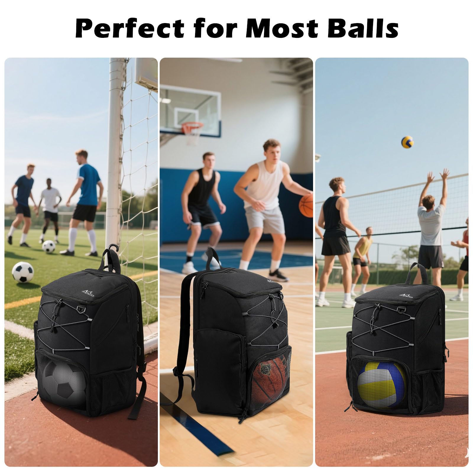 MoKo Sac de basket-ball, sac à dos de basket-ball avec sac à chaussures respirant, sac à dos avec plusieurs poches, crochet de clôture caché et port de charge pour les amateurs de sport de ballon