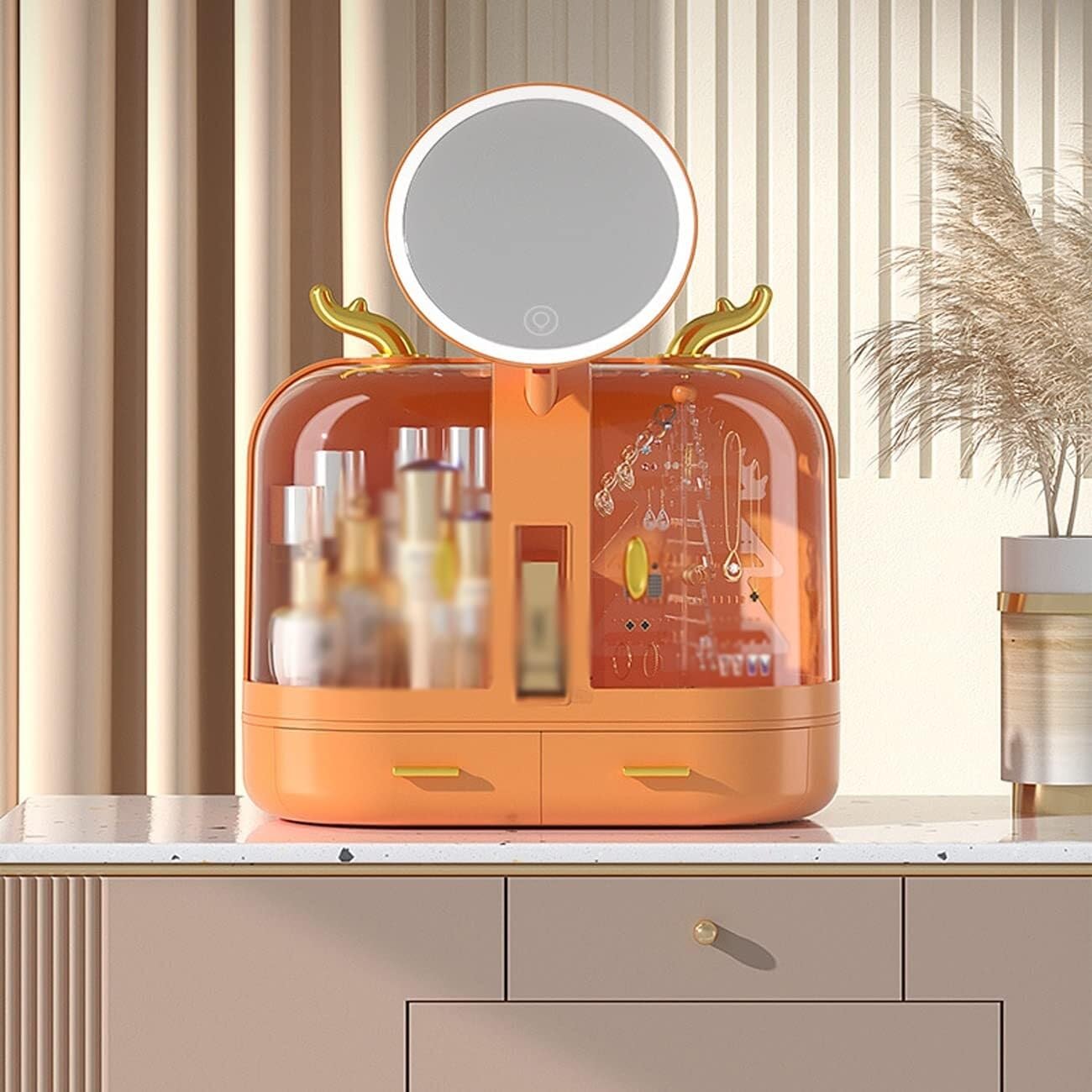 Organizer do makijażu z ekranem dotykowym LED – pudełko do przechowywania kosmetyków, pielęgnacji skóry, szminek, regulowane ściemnianie, ładowanie USB, idealna łazienka, sypialnia, komoda