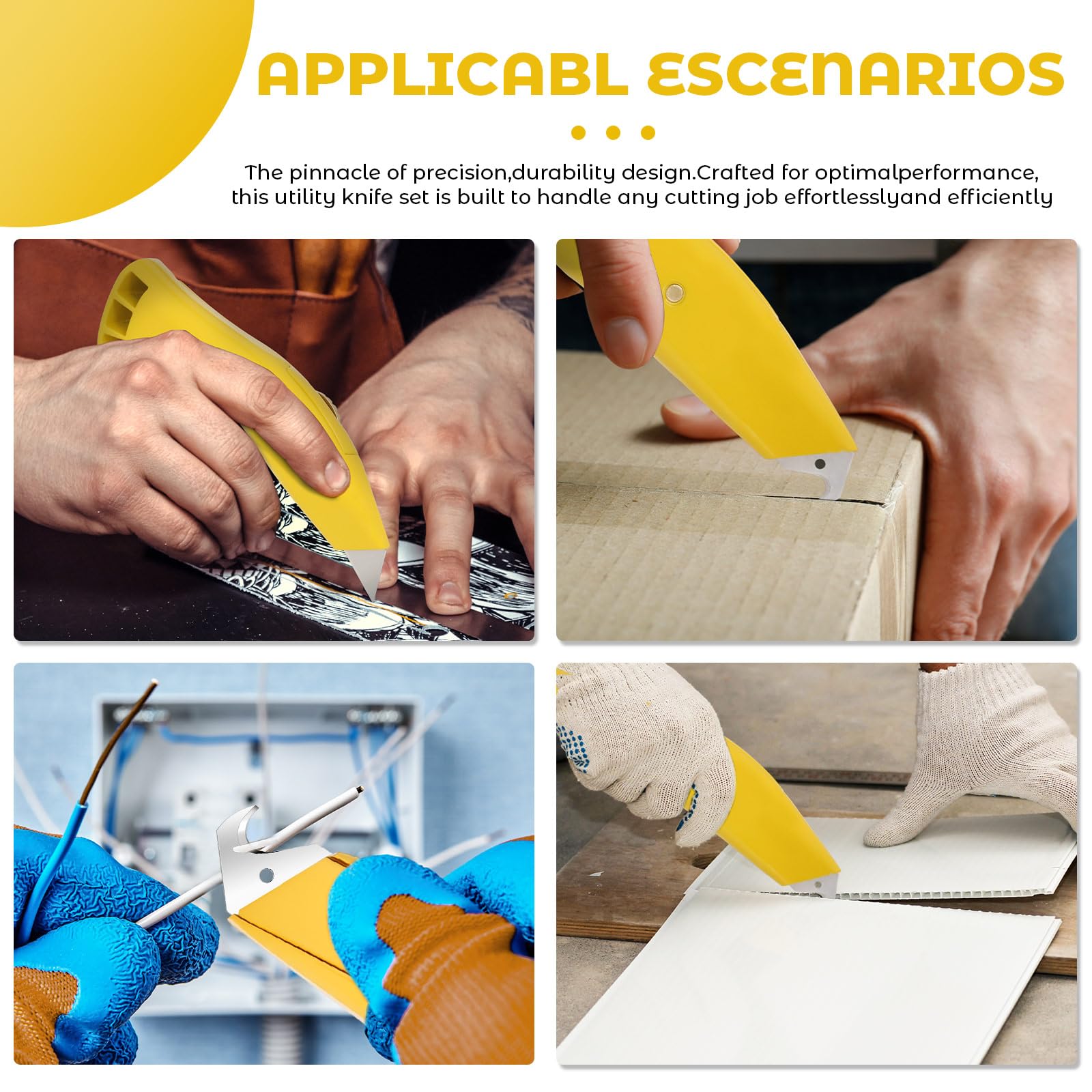 Paquete de 2 cuchillos de techo resistentes con hoja fija, cuchillo utilitario amarillo de seguridad con funda y cuchillas de gancho, herramienta de corte de alfombras de aluminio de alta