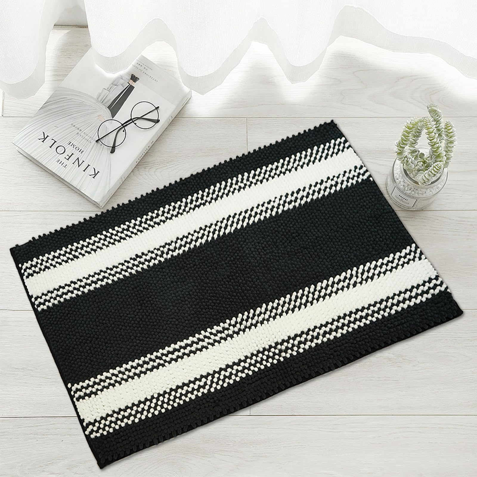 Super Thick Soft Cozy Striped Shaggy Chenille Bath/Kitchen Runner Machine Washable Bath Rug for Bathroom, Dry Fast Water Absorbent Oversize Mat for Floor Master Bedroom (Black Single)