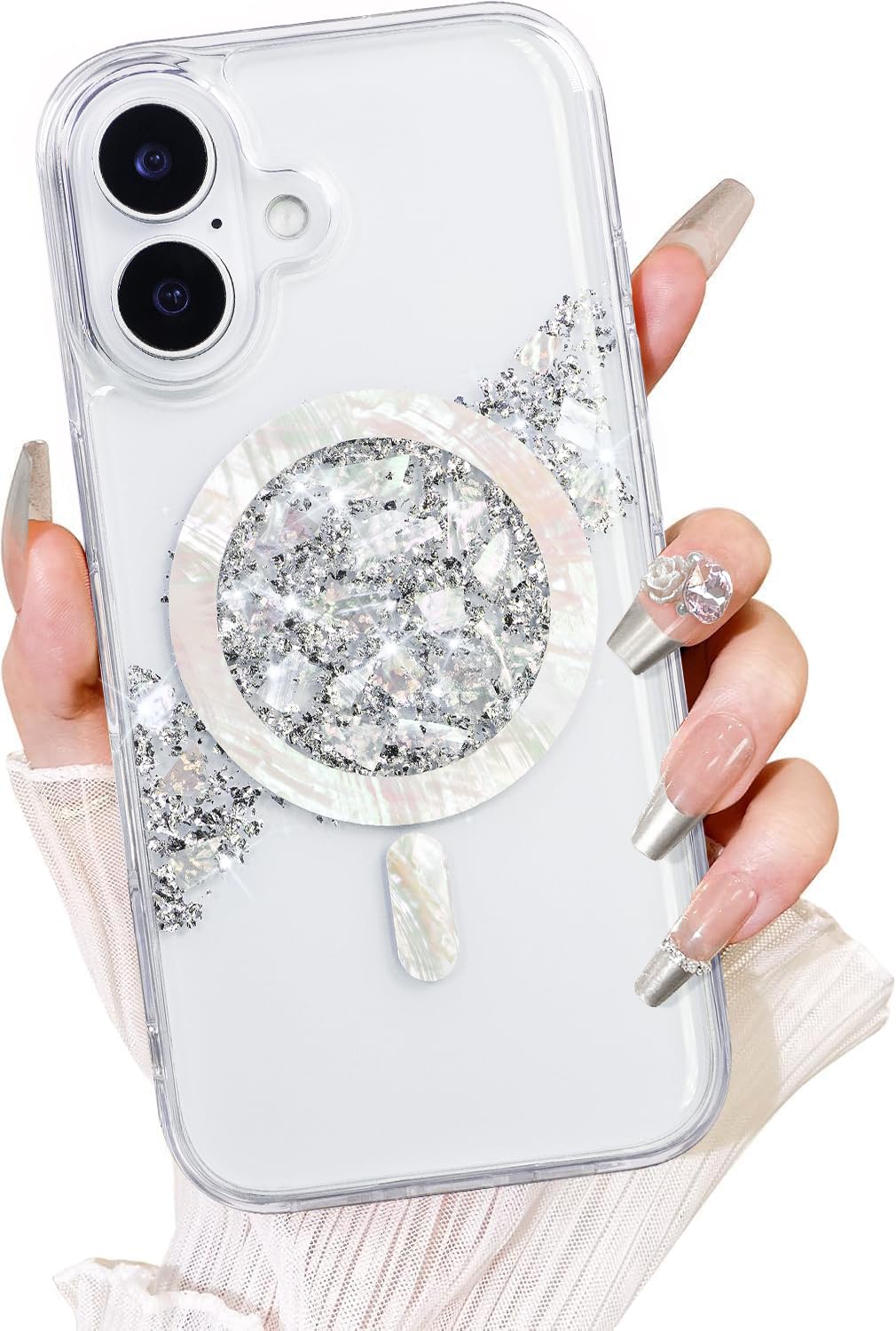 FUNMIKO for iPhone 16 Case,Wireless Charging Compatible,Bling Bling Sparkle Glitter Crystal Clear Protective Phone Cover for Women - Silver