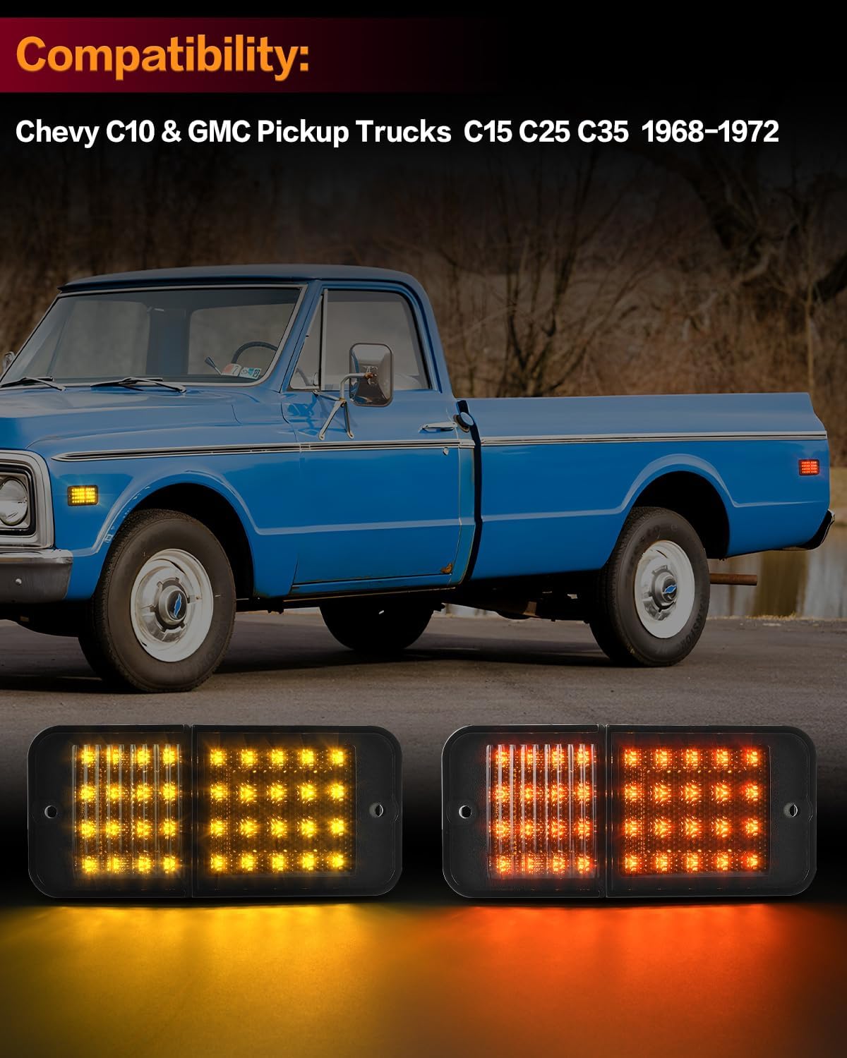 LED Side Marker Lights Compatible with Chevy C10 C15 C25 C35 1968-1972 GMC Pickup Trucks,Plug and Play,Easy Installation, Front Rear Bumper Lamps