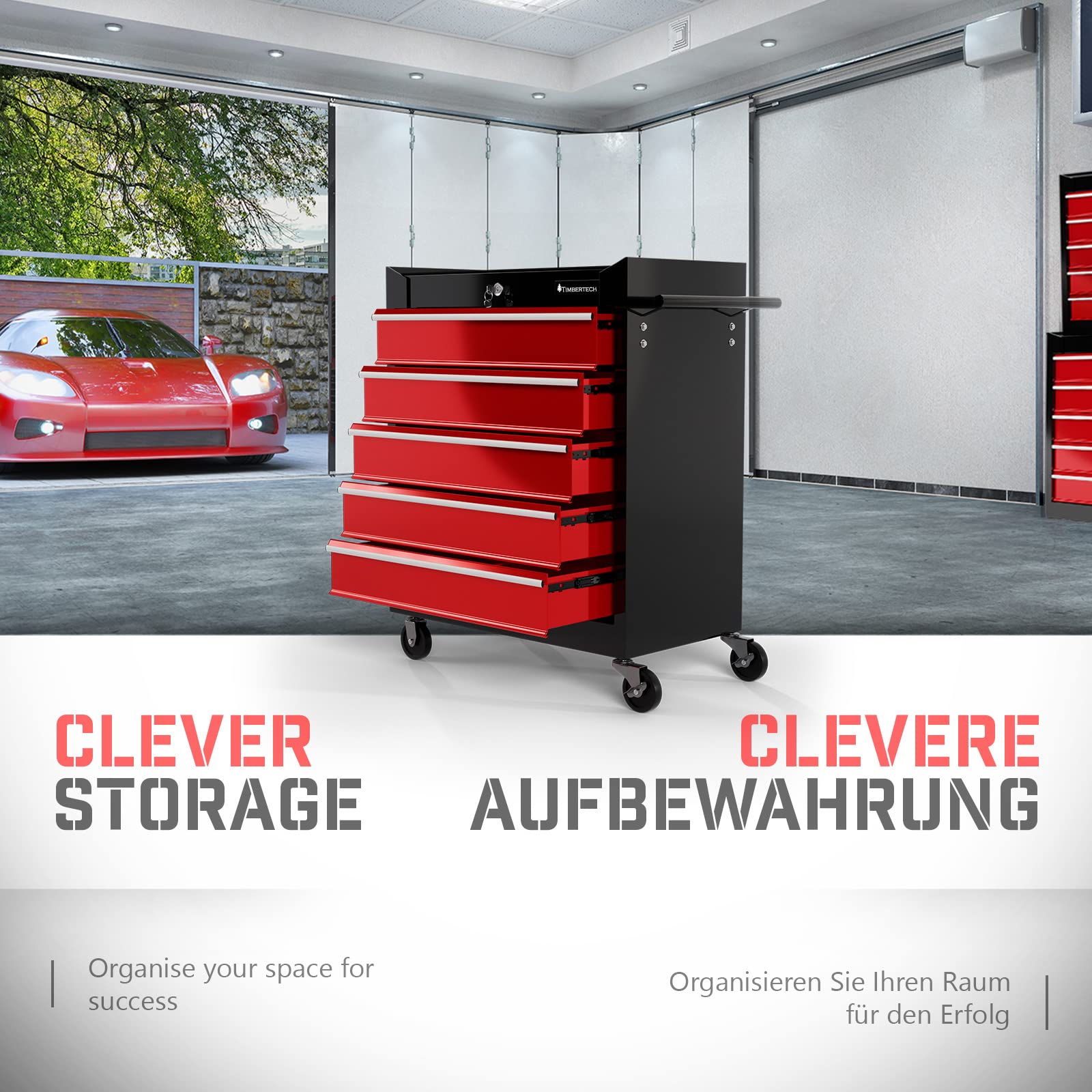 TIMBERTECH® Werkstattwagen auf Rollen - leer, 5 Schubladen mit Einlagen, abschließbar, Feststellbremse, Stahl, Rot-Schwarz - Werkzeugwagen, Montagewagen, Rollwagen für Werkstatt, Zubehör