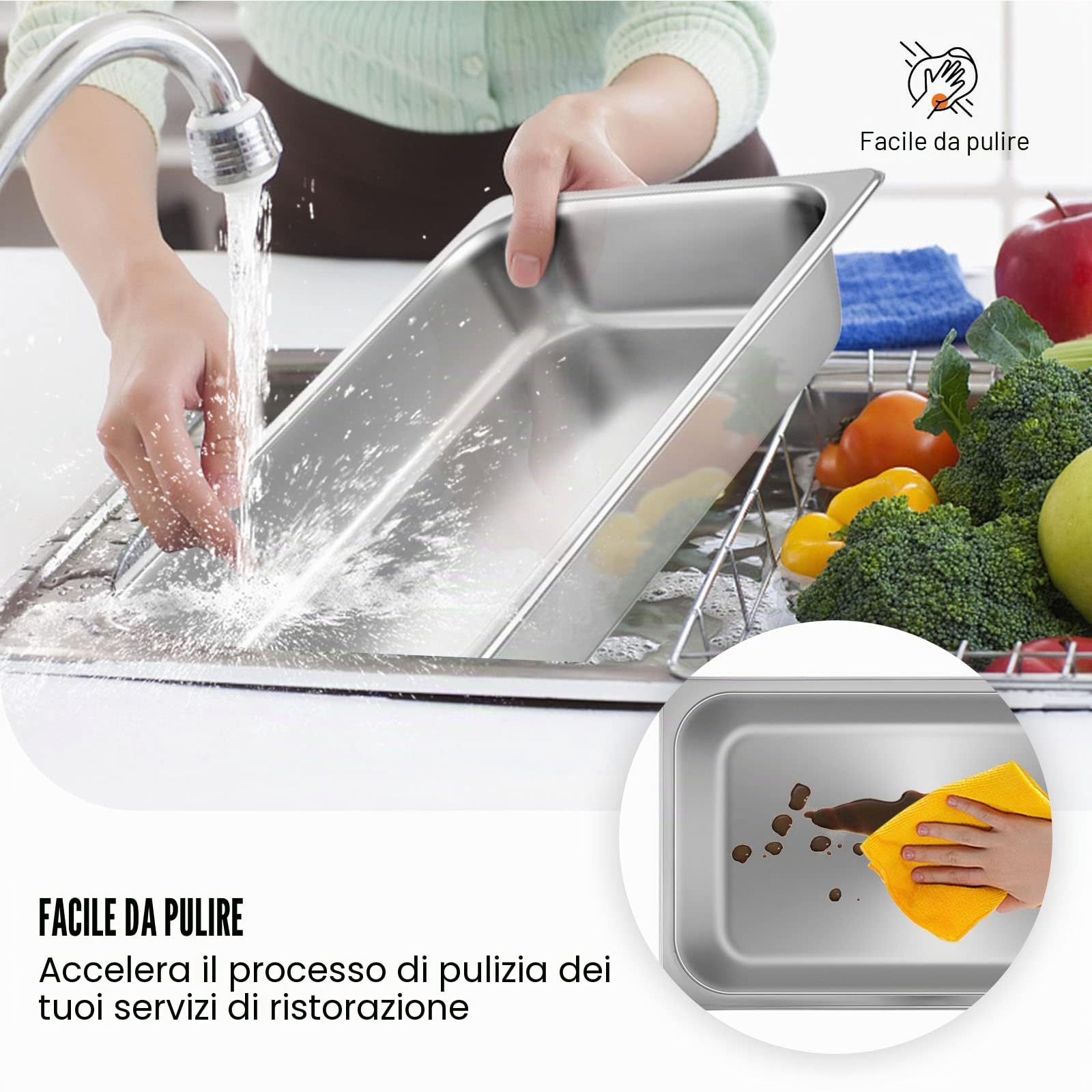 VEVOR Vassoio Rettangolare Portabile 13L Vassoio in Acciaio Inossidabile da 4 Pezzi, Piatto e Pentola al Vapore da Cucina 530x325x100mm con Coperchio, Teglia da Forno per Bar, Ristorante e Hotel
