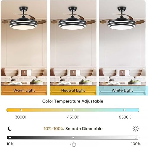 Miniatura 3 de Ventilador de techo de 42 pulgadas con luz, ventilador de techo retráctil con luces para dormitorio, sala de estar, comedor, lámpara con ventilador