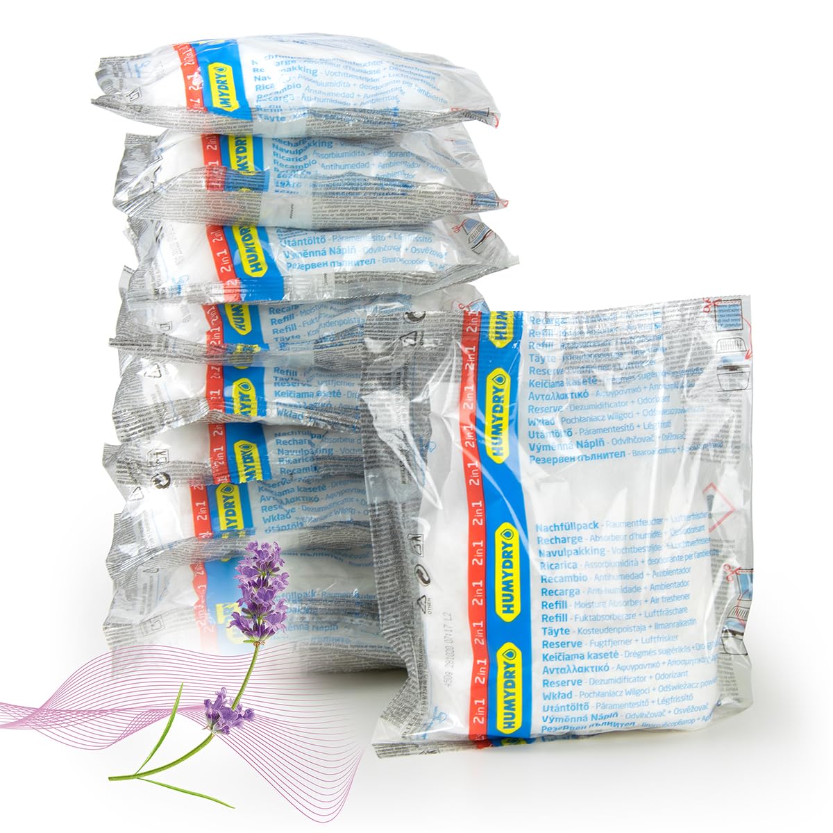 HUMYDRY -Pack 10 Recambios Antihumedad 450g – Absorbe la Humedad, Evita Olores y Manchas – Compatible con Deshumidificadores Humydry Premium 450, Smart y Premium Plus –Aroma Lavendel - Capacidad 15m2