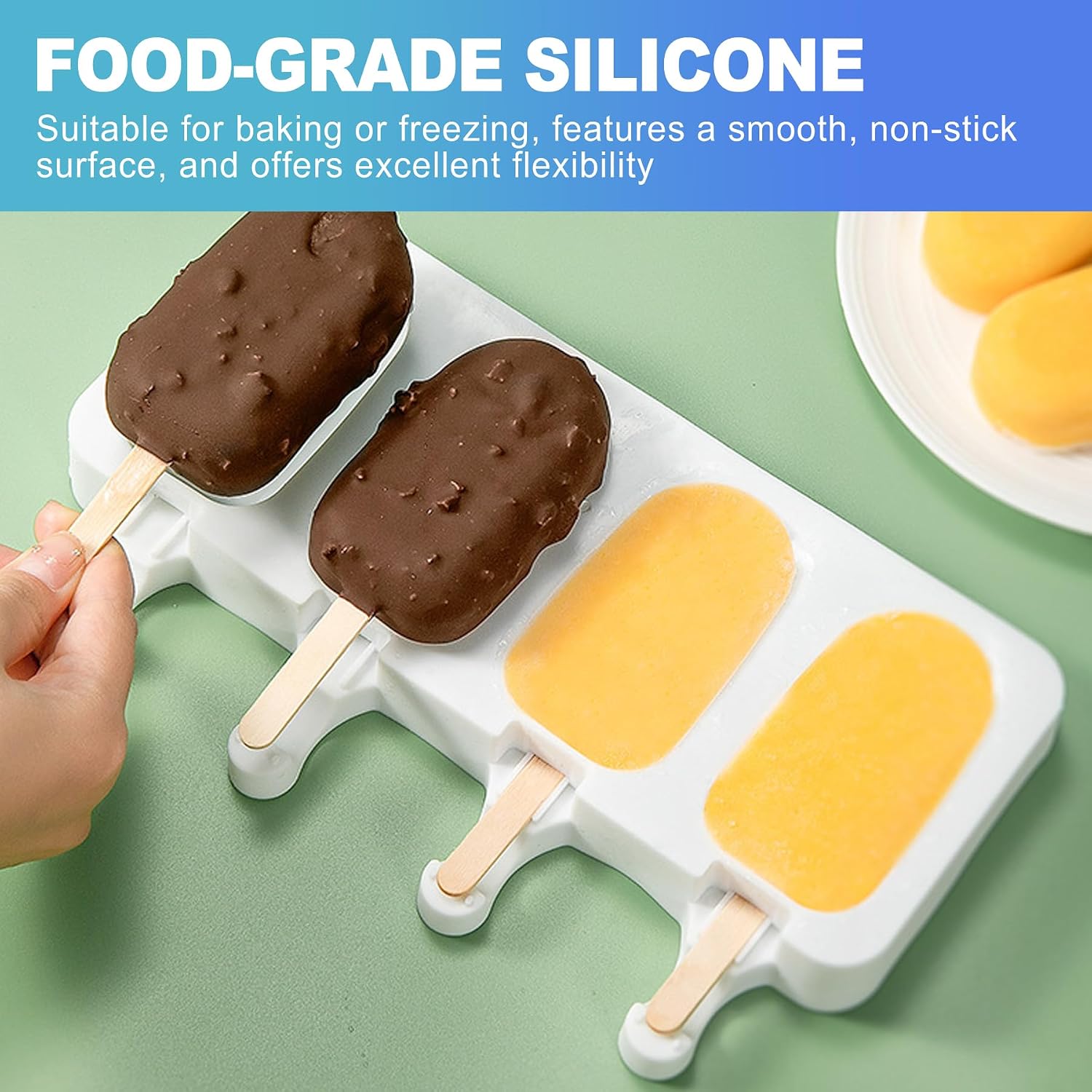 CoguZed 2 Pack 4 Cavity Silicone Cakesicle Molds Popsicle Mold, Reusable Oval Cake Pop Mold with 50 Wooden Sticks for Homemade Ice Cream Bars, Cakesicles, Chocolate, DIY Baking Treats