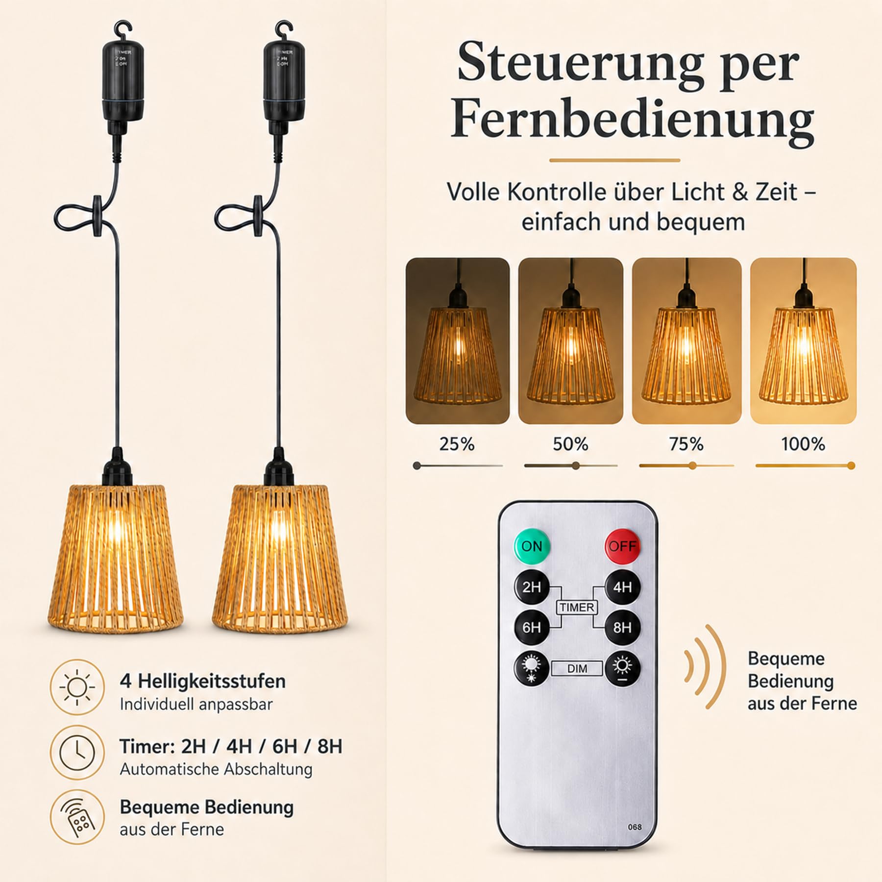 Boho Rattan Hängelampe,2 Stück Außen Innen Hängeleuchte,Batteriebetriebene Lampe Tragbare,Boho Korb Lampenschirm Pendelleuchte,Lampe Hängend,Hängeleuchte Rattan Mit Fernbedienung