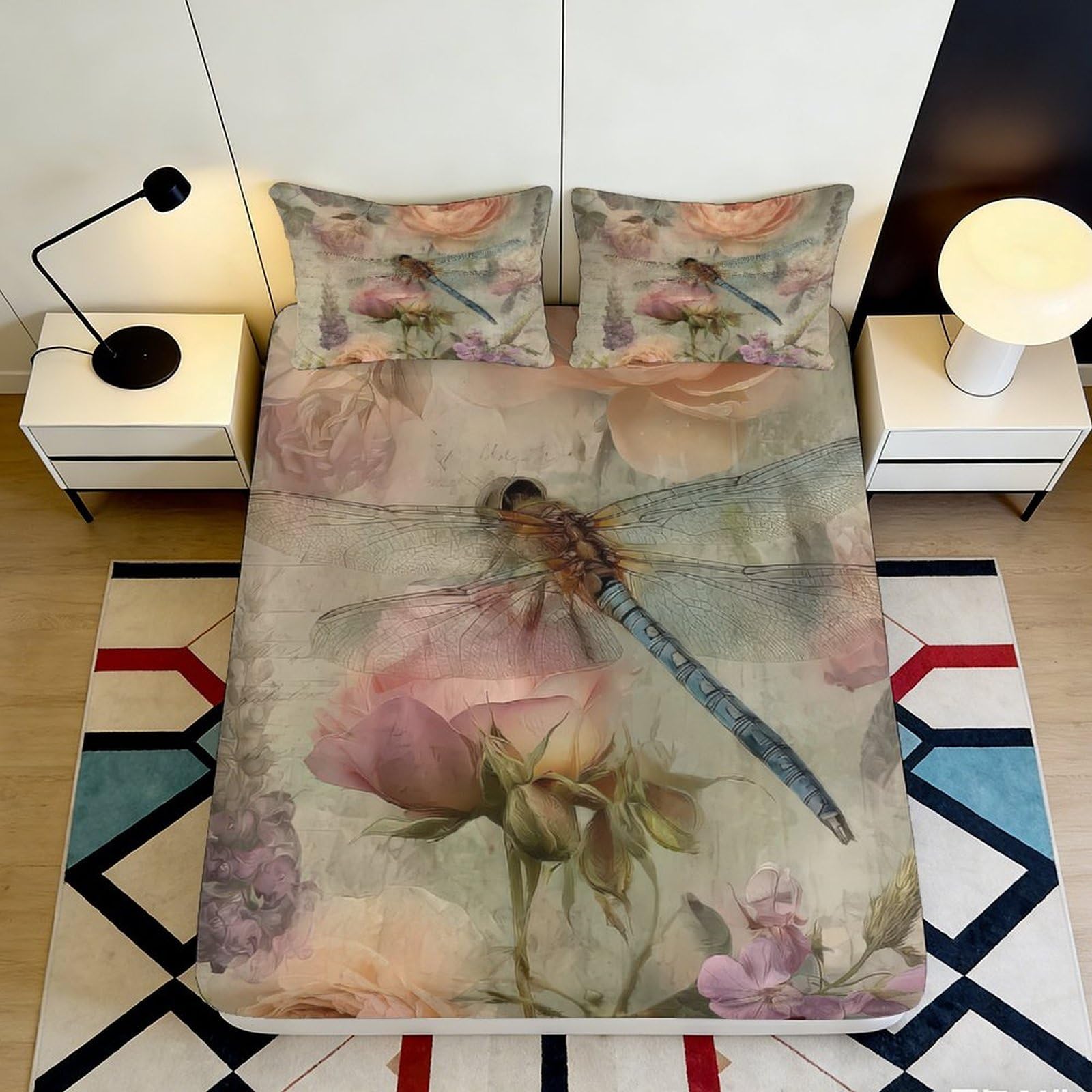 3D Printed Dragonfly Floral Fitted Sheet Microfiber Soft Durable Rose Pattern Bed Cover for Bedroom Dormitory Guest Room Mattress Protection 200x200x25cm