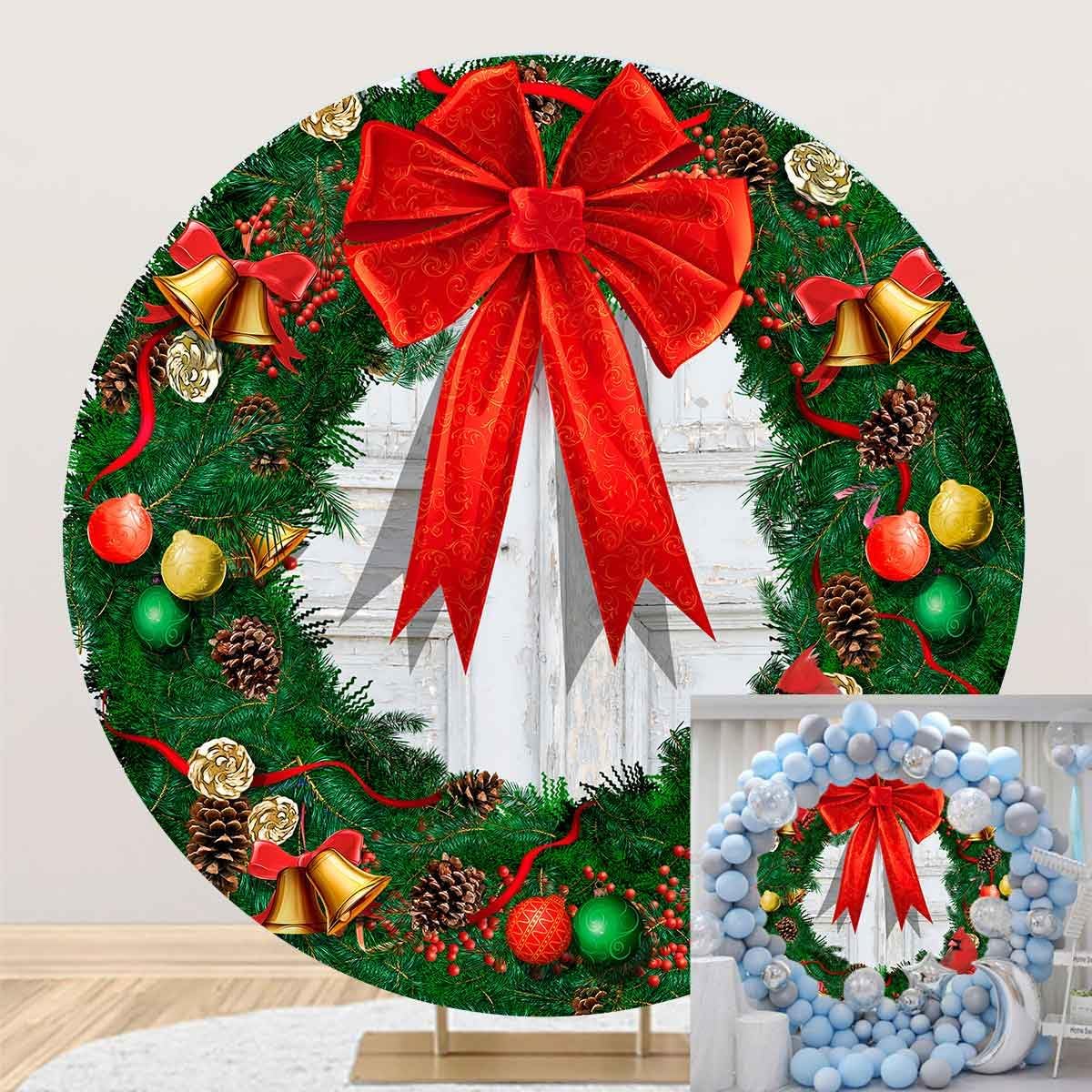 Christmas Round Backdrop, 7.2x7.2ft Polyester Xmas Ring Red Bowknot Circle Arch Cover for Photography