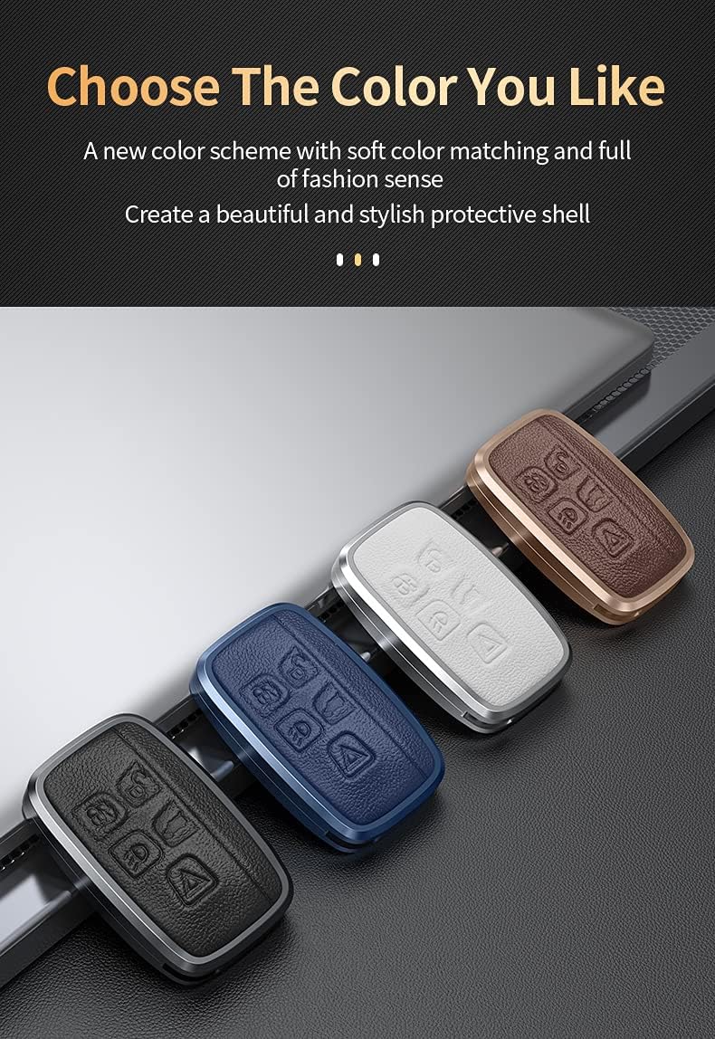 HIBEYO Key Fob Case Cover for Land Range Rover Evoque Velar Sport Discovery Freelander 2 LR4 Jaguar XF XJ XE F-PACE F-Type Protective Metal Leather Key Case Cover with Keychain-Black