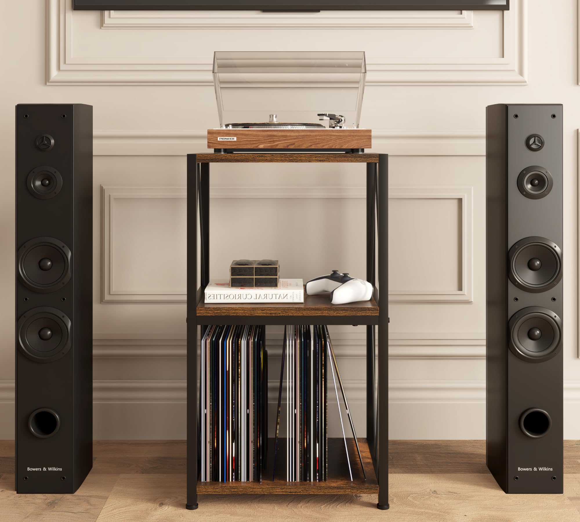HFHOME Tavolo per giradischi, 3 livelli, supporto per 100 dischi in vinile, contenitore, misure 40x30x65,8 cm