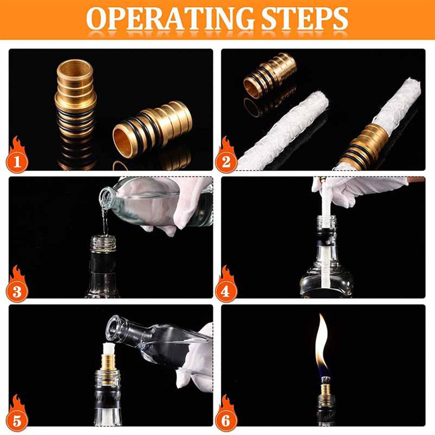 Wine Bottle Torch Wicks Kit with Brass Holders Fiberglass Replacement Wicks for DIY Torches - Home Outdoor Decor 10PCS