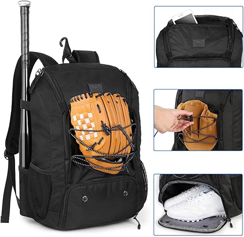 Miniatura 9 de MATEIN - Mochila de béisbol ligera con compartimento para zapatos, gancho de cerca y capacidad para bate de béisbol, guantes de bateo, casco, gorras