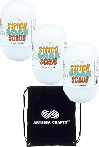 Lion Brand Yarn Stitch Soak Scrub Yarn - Ovillo de lana de coco 781-099 (3 madejas), hilo de punto suave, 100% nailon, con 1 bolsa Artsiga Craft