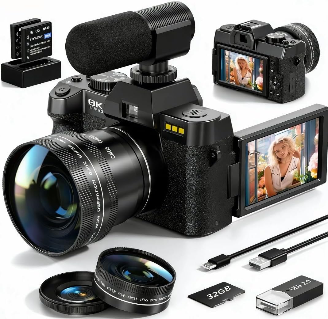 8K Digital Cameras for Photography,64MP vlogging Camera with 180°Flip Screen,16X Zoom,2 Batteries&32GB TF Card, WiFi,Microphone, Wide & Macro Lens Kit (Black) 8K Digital Cameras for Photography,64MP vlogging Camera with 180°Flip Screen,16X Zoom,2 Batteries&32GB TF Card, WiFi,Microphone, Wide & Macro Lens Kit (Black)