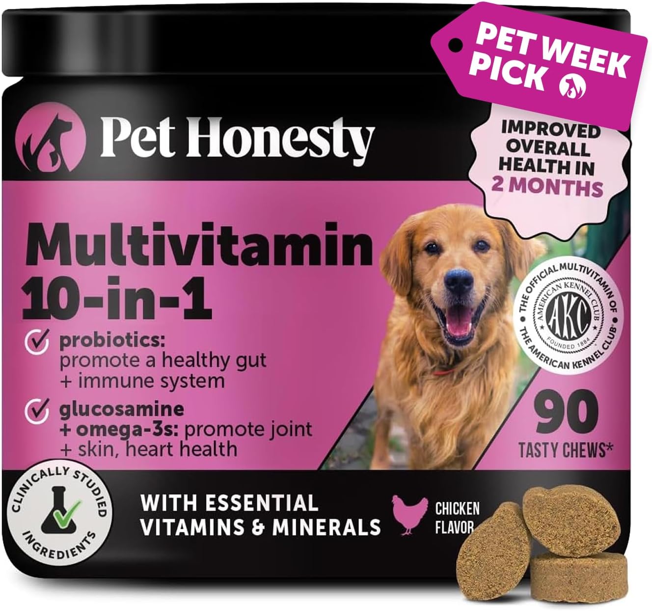 Pet Honesty 10 in 1 Dog Multivitamin - Fish Oil for Dogs, Dog Vitamins and Supplements - Glucosamine for Dogs, Probiotics, Omega Fish Oil - Dogs Health & Heart - Dog Skin and Coat Supplement (90 ct)