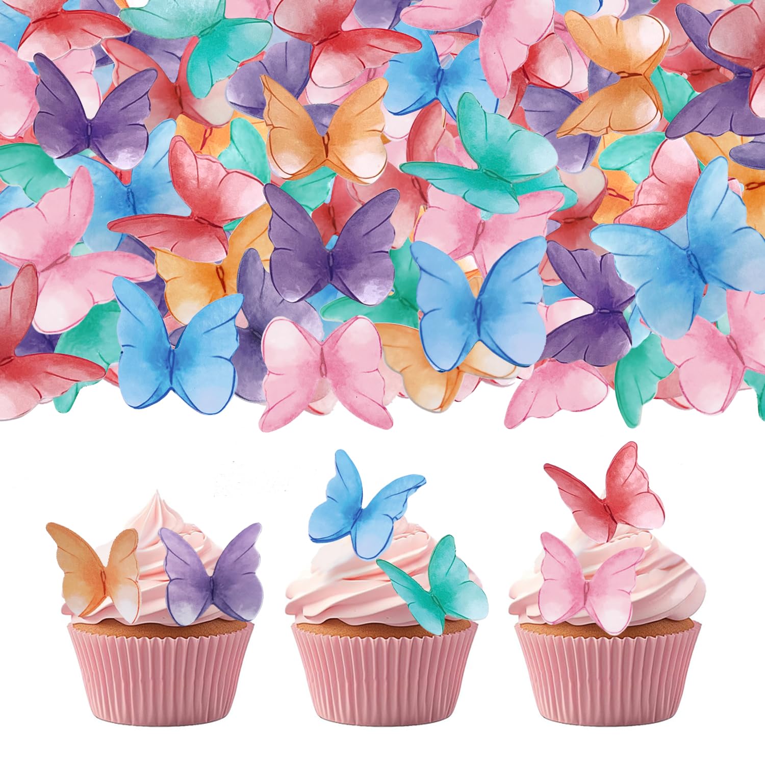 52 pcs edible wafer paper butterfly cake decoration, Cupcake topper multicolor butterfly decorative paper suitable for weddings birthdays Christmas cocktails (Watercolor mixing)