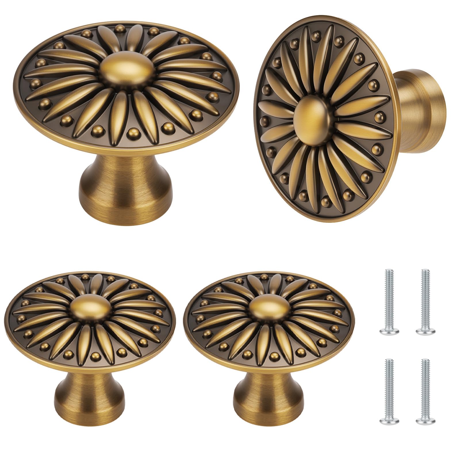 Noosverl 4Pcs Vintage Brushed Brass Cupboard Knobs, Antique European-Style Carved Drawer Handles, Round Retro Cabinet Knobs with Screws, Door Handle for Wardrobe, Bedroom, Kitchen, Furniture