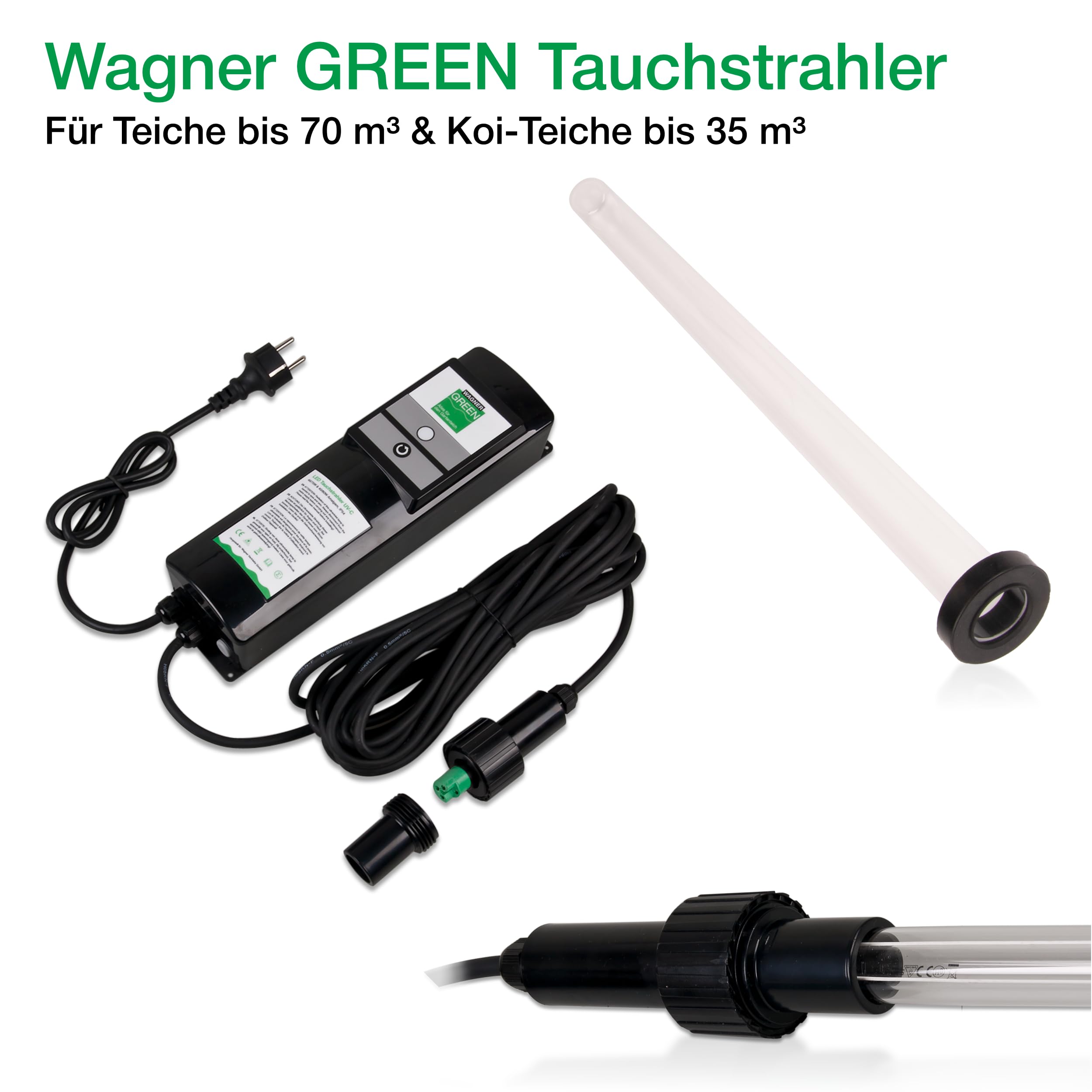 Wagner Green UVC Tauchstrahler (75 Watt) 3-tgl. Bausatz mit Betriebsstundenzähler, UV-C Teichklärer Lampe Gartenteich Koiteich Filter zur Entkeimung und Algenvernichter