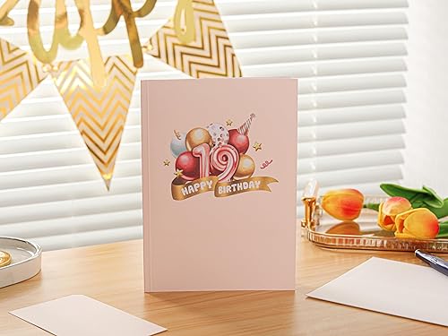 Miniatura 2 de Liif Tarjeta de feliz cumpleaños número 19 para niña, ella, hija, nieta, sobrina, tarjeta de cumpleaños de 19 años, rosa, globos, fiesta, con