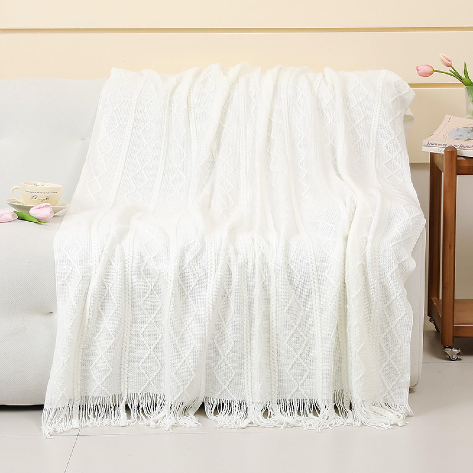 Couverture de canapé tricotée beige grand jeté de lit