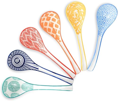 Selamica Juego de 6 cucharas asiáticas de sopa de cerámica, cucharas de ramen de 6.3 pulgadas, estilos japonés y chino, varios colores