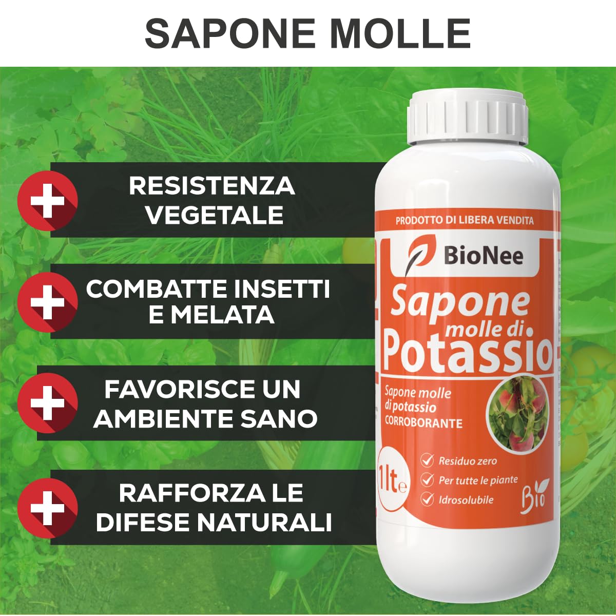 Sapone Molle di Potassio – Protezione Naturale e Biologica per Piante Sane e Rigogliose - insetticida naturale biologico - corroborante potenziatore delle difese naturali (1 litro)