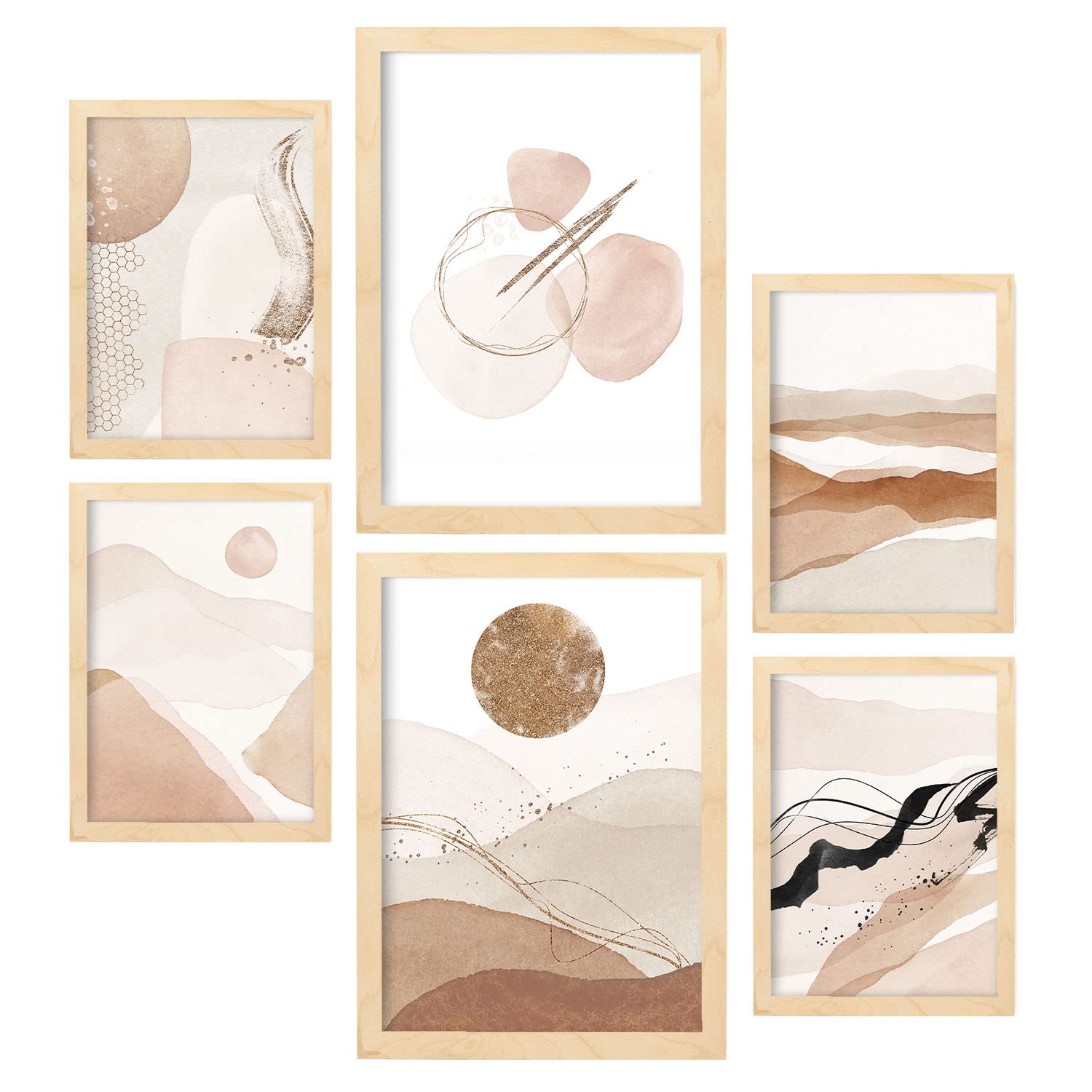 Nacnic Set of 6 Abstract Art posters. Collection of posters in collage aesthetic for interior decoration. Sizes A3 and A4. Wooden frame.