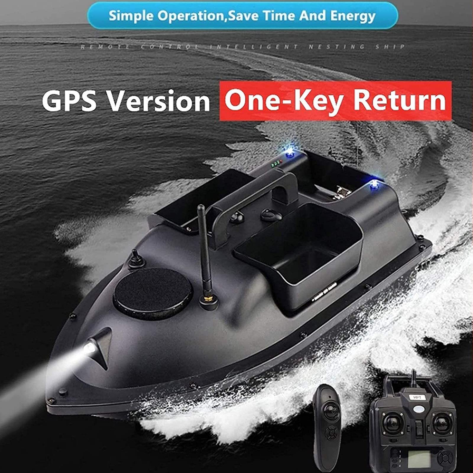 Barco Control Remoto,Barco cebador carpfishing, 500M Buscador de Peces de Control Remoto, Llevar 2 Kg Señuelo de Pesca, con Doble Motor y Luz Nocturna para Piscinas y Lagos
