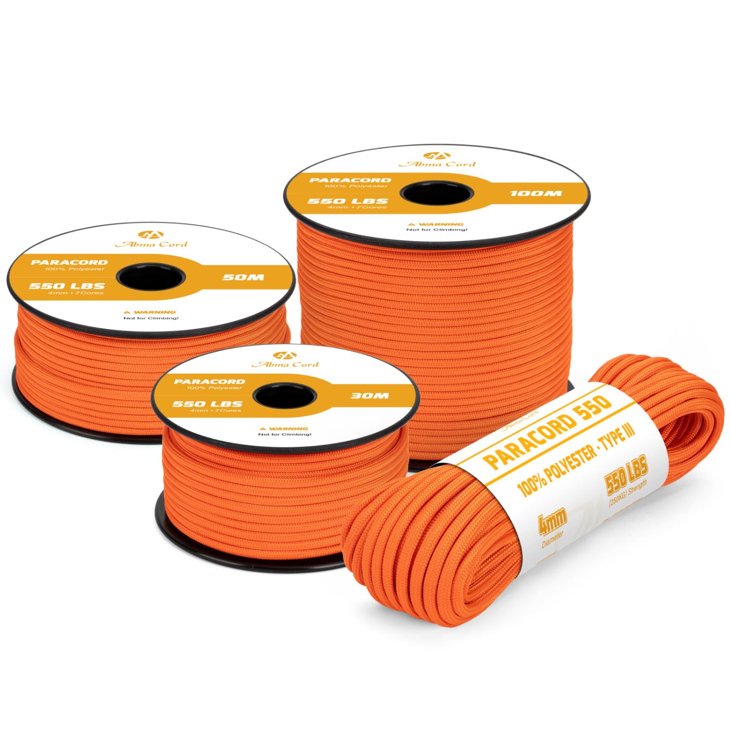 Abma Cord Paracord 4mm 30m Cuerda Paracord 550 Tipo III 7 Hebras para Al Aire Libre, Supervivencia, Camping, Bricolaje - Max. 250 kg - Naranja