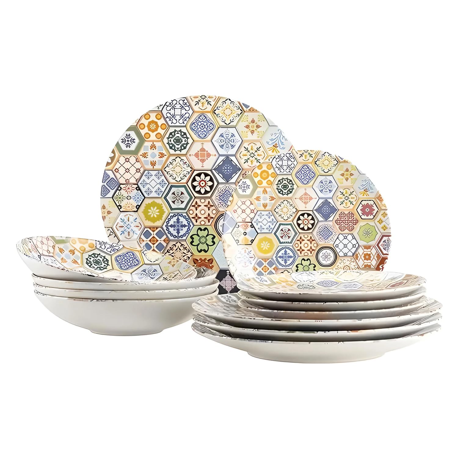 MÄSER Serie Amarante - Vajilla de 12 piezas para 4 personas con decoración especial de azulejos, juego de platos hondos, platos llanos y platos de postre con decoración colorida de gres