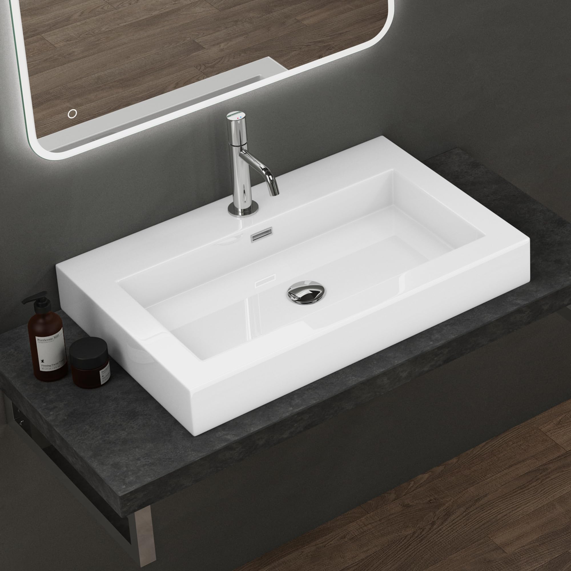 doporro Lavabo suspendido o lavabo sobre encimera blanco cuadrangular para lavamanos Colossum18-730 de 73cm de ancho Lavabo de mármol mineral fundido