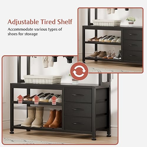 Miniatura 8 de Lulive Árbol de pasillo con banco y almacenamiento de zapatos, estante de almacenamiento para padres e hijos, 4 bolsillos laterales y 13 ganchos,