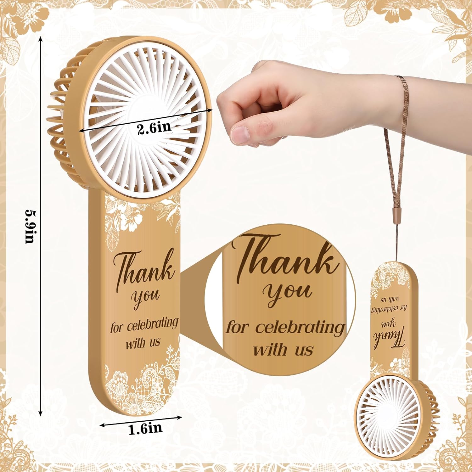 VIHOSE 50 Pcs Mini Handheld Electric Fans for Wedding Guests Bulk, Personal Portable Hand Fan Battery Powered Thank You for Celebrating for Wedding Favor, Battery Not Include(Khaki,Vintage Lace)