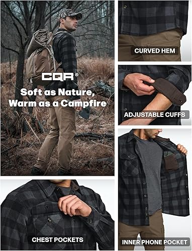 Miniatura 7 de CQR - Camisa a cuadros de vellón pesado y manga larga para hombre, con botones, cuello y puños forrados de pana cálida