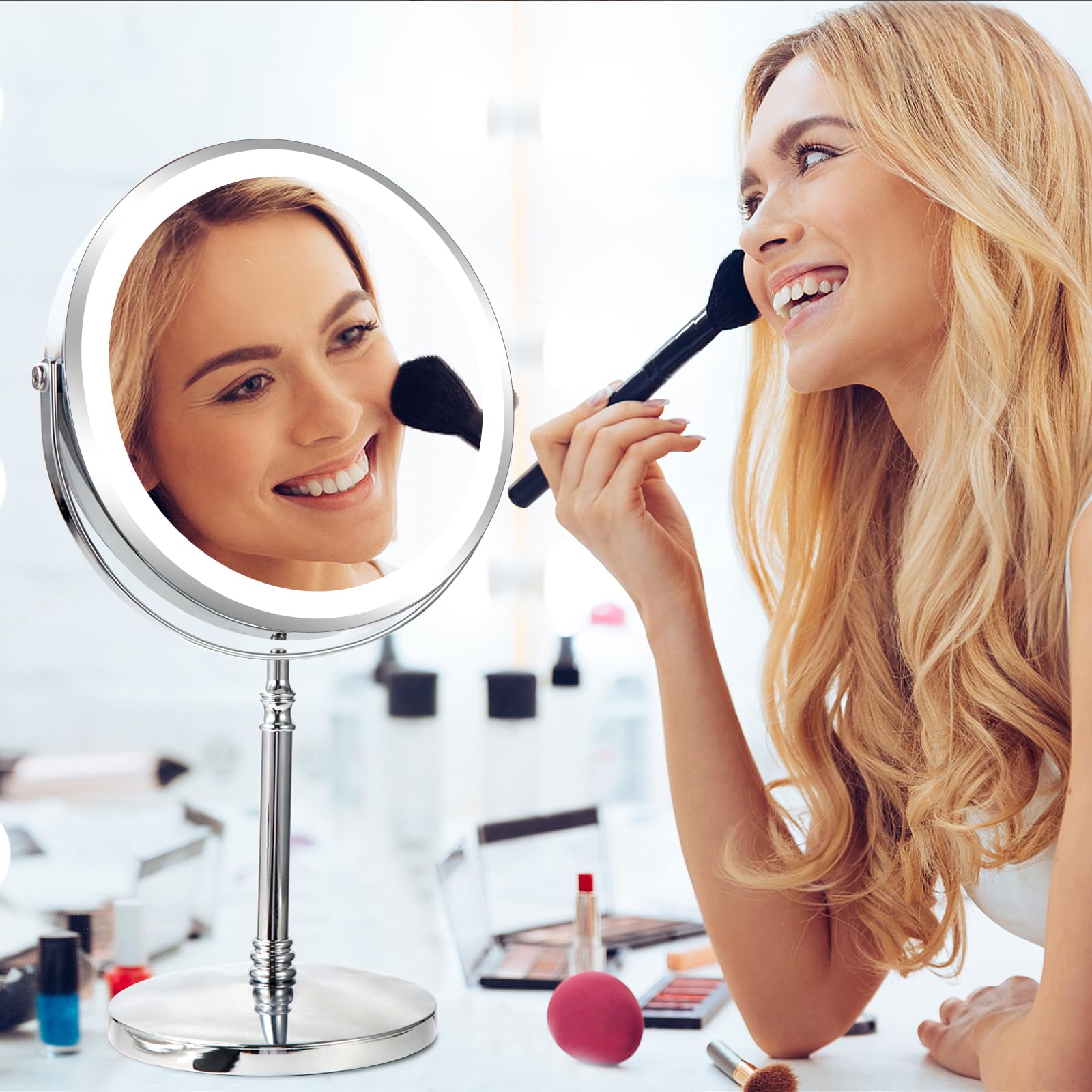 Espejo de maquillaje de aumento de 8 pulgadas con luz, espejo de maquillaje de rotación de 1X/10x 360 con iluminación, recargable de 3 luces de color, espejo de tocador de pie libre, espejo
