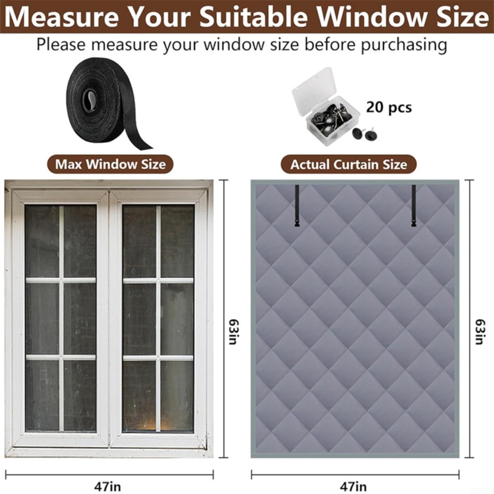 Housse de fenêtre isolante en tissu Oxford pour la maison, la chaleur hivernale, bloque la chaleur d'été, facile à installer, aucun outil nécessaire, plusieurs tailles (66 x 96,5 cm) - Gris