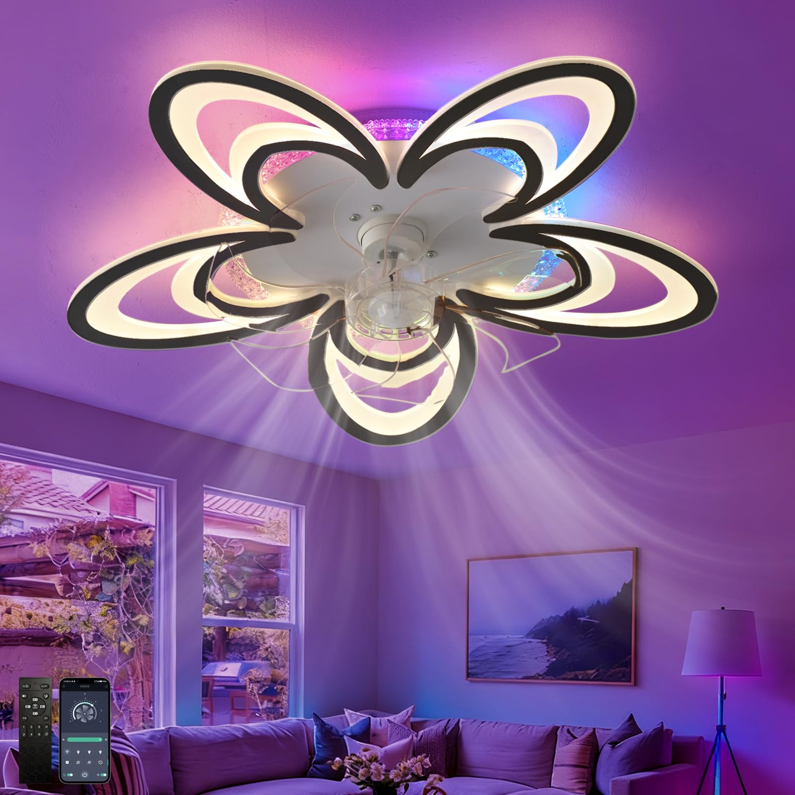 Fachae RGB Ceiling Fan with Lights and Remote Control Reversible Quiet DC Motor Bedroom Fan Light LED Dimmable Living Room White Modern Flower Ceiling Fan Designs,6 Lights,6 Speed,Memory Function