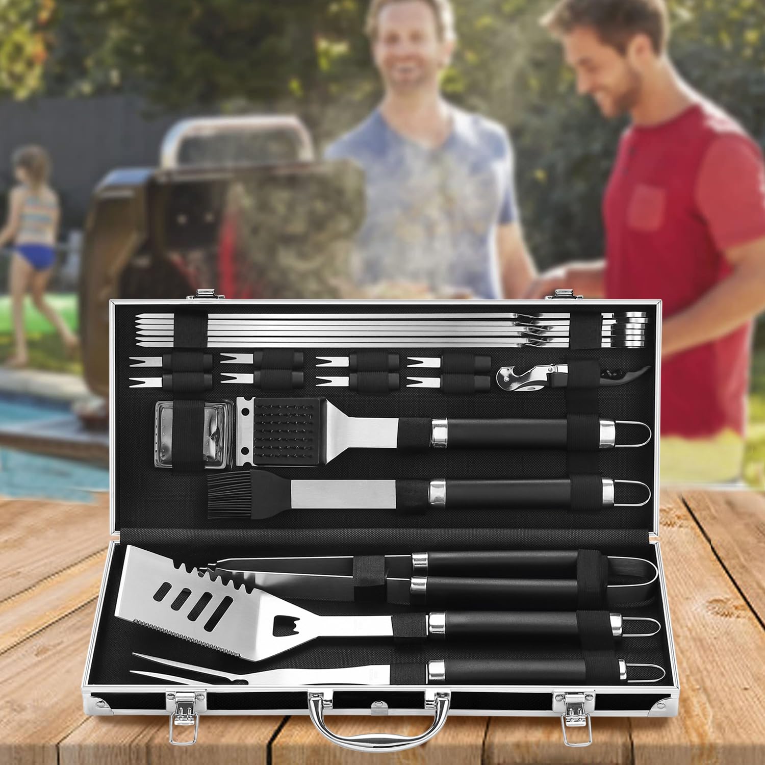 Grilljoy Set di accessori per barbecue, set di utensili da barbecue resistenti per uomini e donne, kit di utensili da griglia con guanto in slicone, accessori per grigliare con borsa per affumicare,