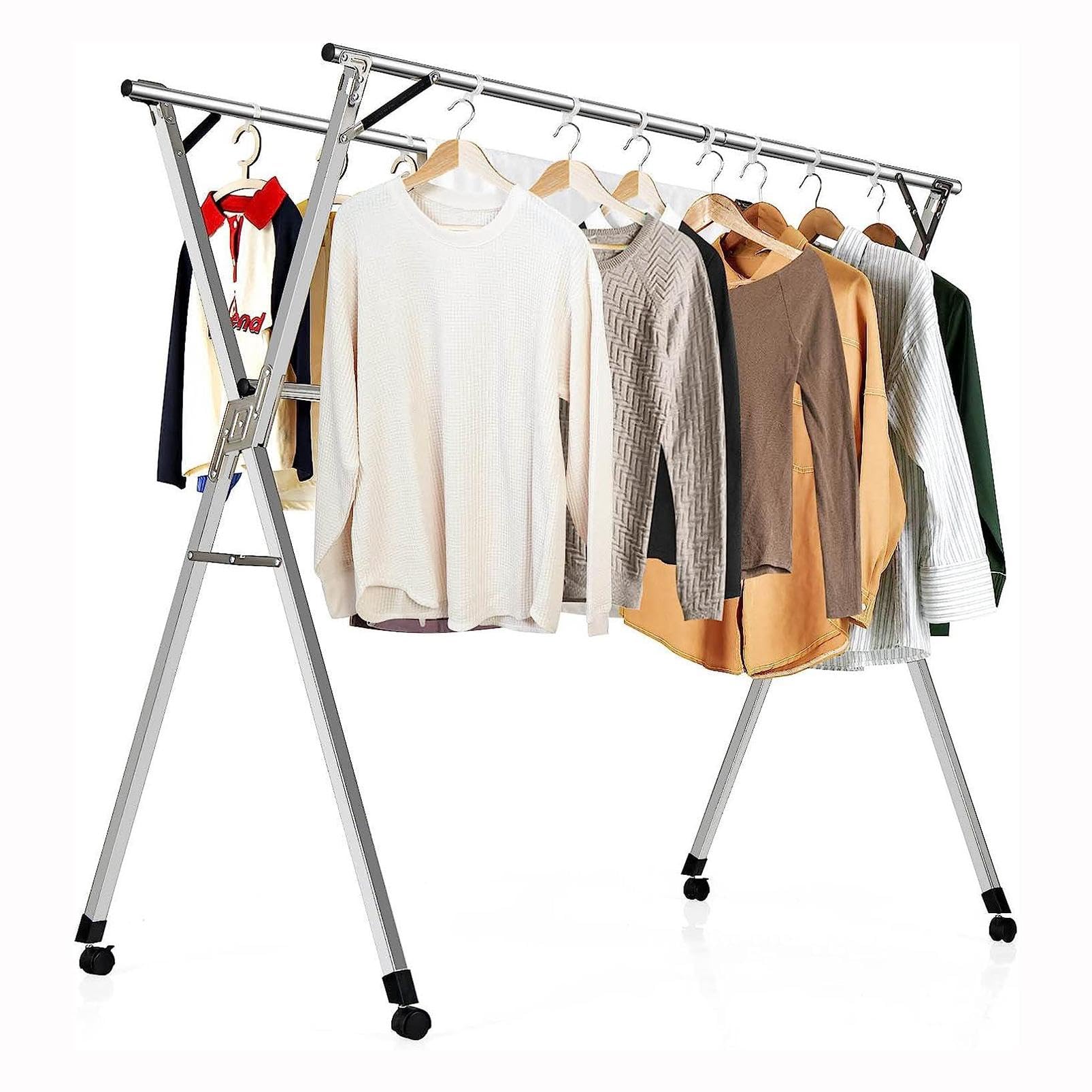 Tendedero plegable de acero inoxidable con ganchos resistentes al viento, ahorro de espacio, para uso en interiores y exteriores, 2,4 m